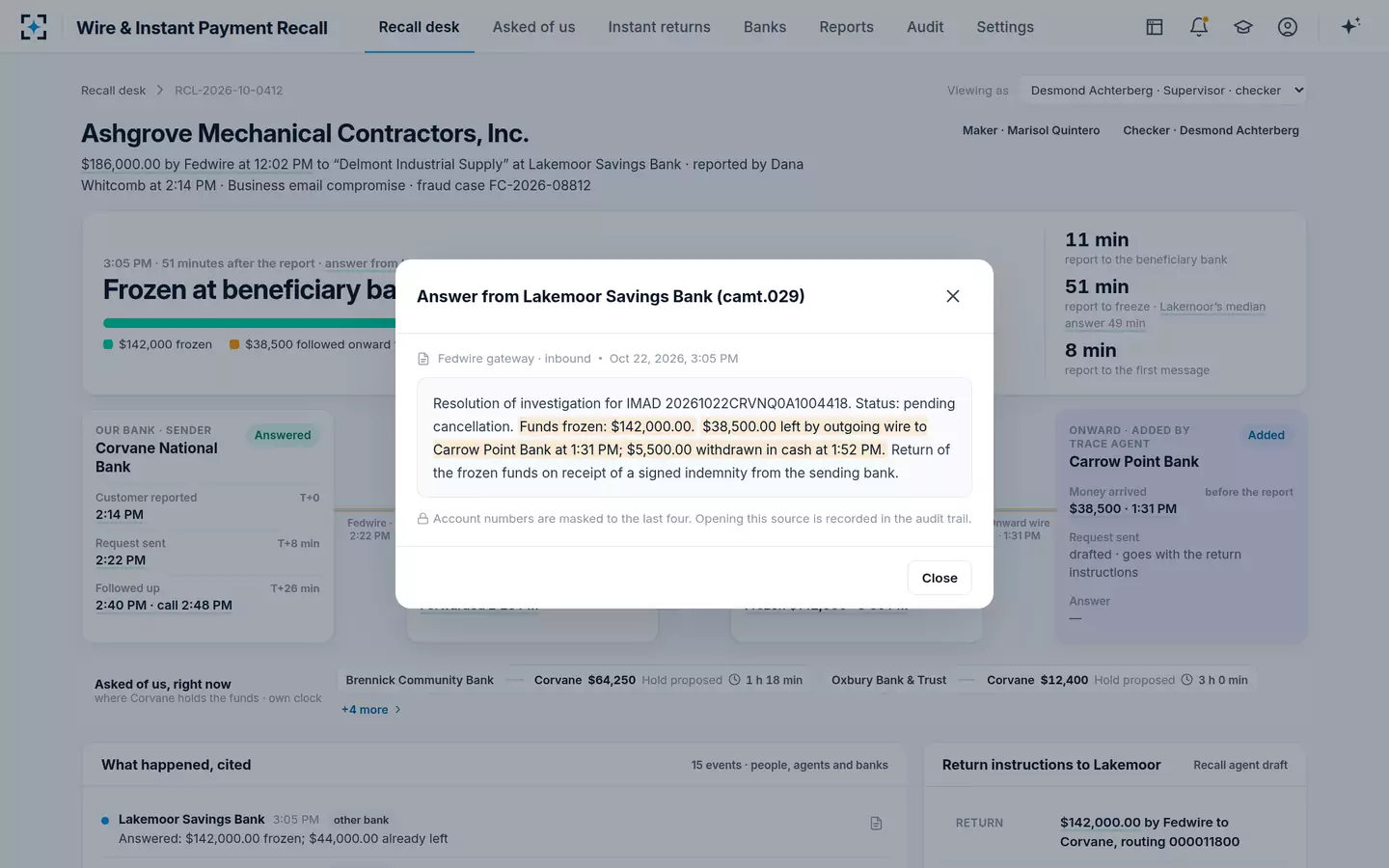 Wire & Instant Payment Recall — Every value opens the message it came from
