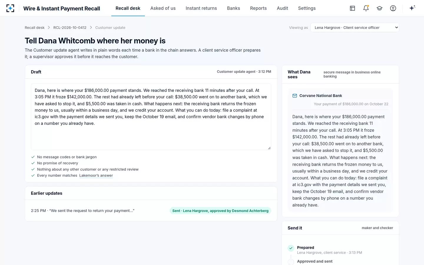 Wire & Instant Payment Recall — The customer hears where the money is, in plain words