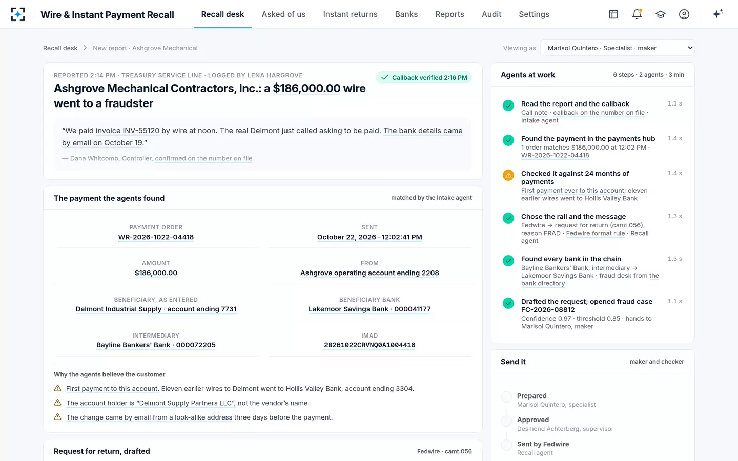 Wire & Instant Payment Recall — From the customer's call to a drafted wire recall request in three minutes