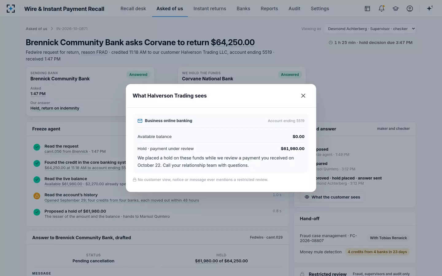 Wire & Instant Payment Recall — The hold notice never reveals a financial crime review