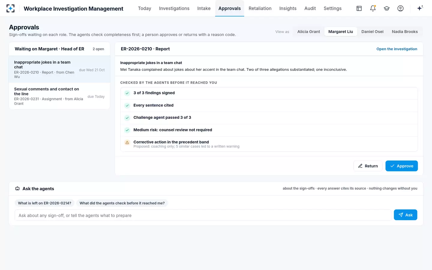 Workplace Investigation Management — Approvals