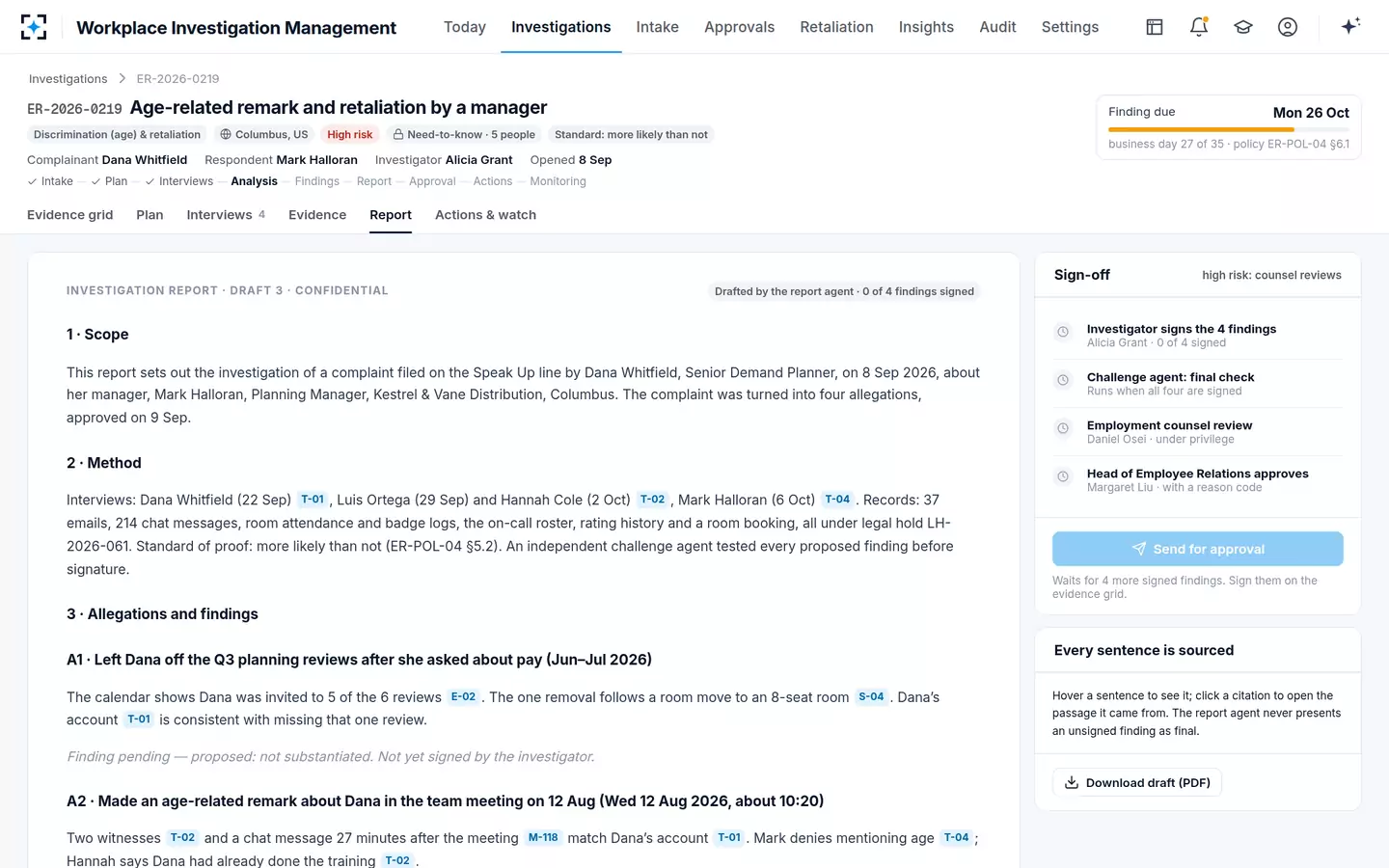 Workplace Investigation Management — The report and its sign-off